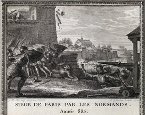 Normanien piiritys Pariisista, vuosi 885. Kaiverrus "Figures de l