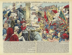 Euroopan lähetystöjen piiritys Pekingissä, nyrkkeilijäkapina, Kiina, 20. kesäkuuta - 15. elokuuta 1900 (värilitografia). tekijältä French School