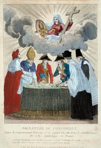 Vuoden 1801 konkordaatin allekirjoittaminen 15.7.1801: Ranskan hallitus (jota edustaa Joseph Bonaparte) ja Saint Siege (edustaa kardinaali Consalvi paavi Pius VII:lle) välillä. 1801 Pariisi, Musee Carnavalet tekijältä French School