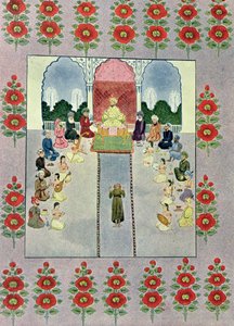 Sinbad the Sailor vastaanottamassa Sinbad the Porterin, kuvitus Sinbad the Sailor -teokselle, Arabian Nights, 1895 (värikaiverrus) tekijältä French School