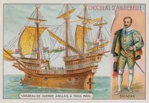 Sir Francis Drake ja kolmimastoinen englantilainen sotalaiva tekijältä French School
