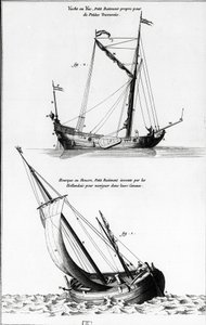 Luonnos veneistä: jahti tai jakki ja hourque tai hollock, joka on hollantilaisten suunnittelema pieni vene kanavien navigointiin - "" Diderot encyclopedia"", vol 7 Marine, kaiverrus, Bibl. Mazariini. tekijältä French School