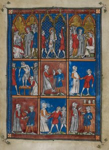 Sloane MS 1977 fol.6r Yhdeksän miniatyyriä, jotka esittävät raamatullisia ja lääketieteellisiä kohtauksia. Ylhäällä Kristus ennen Kaifasta ja Pilatusta; liputus. Keskuksessa ja alapuolella lääkärit, jotka hoitavat potilaita luunmurtumien ja muiden sairauks tekijältä French School