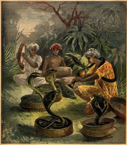 Käärmeen hurmaajat (kobrat) Intiassa. Kaiverrus teoksessa "La Terre Illustree" nro 94, 18. elokuuta 1892. tekijältä French School