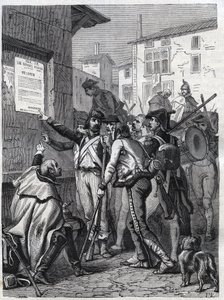 Sotilaat, tarpeesi ovat suuret: ranskalaiset sotilaat lukevat kenraali Bonaparten julistusta marraskuussa 1799 - Kaiverrus vuodelta 1865 Louis Adolphe Thiersin kirjaan "Histoire du Consulate et de l
