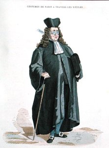 Asianajaja vuonna 1725, teoksesta "Costumes de Paris a Travers les Siecles", julkaistu 1887 (värikaiverrus). tekijältä French School