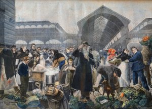 Keittokioski Les Hallesin torilla aamulla, kuvitus "Le petit Journalista", 2. maaliskuuta 1897 - la soup aux Halles le matin Pariisissa - Fortune-Louis Meaullen kaiverrus Jean Jacques Rousseaun (1861-1911) mukaan tekijältä French School