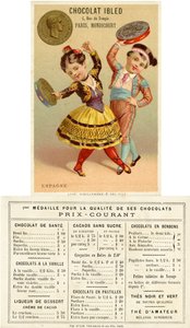 Espanjalaiset lapset tanssivat pesetasta valmistetuilla tamburineilla eri maiden valuuttoja koskevista mainoskorttisarjasta, jonka Pariisissa julkaisi Vieillemard Chocolat Ibledin käyttöön, 1886-95