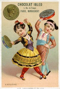 Espanjalaiset lapset tanssivat pesetasta valmistetuilla tamburineilla eri maiden valuuttoja koskevista mainoskorttisarjasta, jonka Pariisissa julkaisi Vieillemard Chocolat Ibledin käyttöön, 1886-95