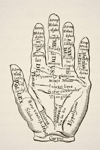 Näyte vasemmasta kädestä viivoineen ja niiden horoskooppisilla nimityksillä, Paul Lacroix -pubista Tiede ja kirjallisuus keskiajalla. Lontoo 1878 tekijältä French School