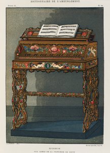 Spinet Contin prinsessan vaakunalla, piirros Henry Havardin huonekalu- ja sisustussanakirjasta, osa I tekijältä French School