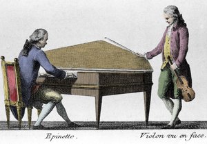 Spinette ja viulunsoittaja. Kaiverrus 1700-luvun lopulta. tekijältä French School
