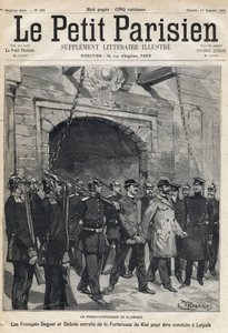 Vakoojaoikeudenkäynti Saksassa: ranskalaiset Daguet ja Dubois vietiin Kielin linnoituksesta Leipzigiin. Yksi sanomalehdestä "Le petit Parisien" 12.10.1893 (kaiverrus) tekijältä French School