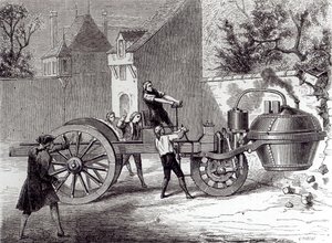 Höyrykäyttöinen auto, jonka keksi Nicolas Joseph Cugnot (1725-1804) vuonna 1771, 1886 tekijältä French School
