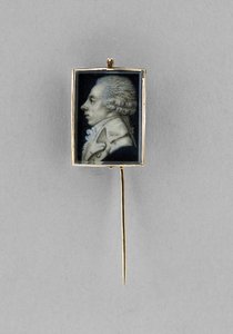 Tikkuneula miehen muotokuvalla, n. 1780 (akvarelli norsunluulle, gesso, vellum, 23k kultaa, hiuksia ja lasia) tekijältä French School