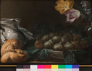 Asetelma viikunalautasella, kannu, kukkia ja leipää, 1740-50 tekijältä French School