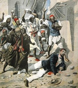 Tohtori Emile Mauchamp kuoliaaksi kivittäminen Marrakeshissa, Le Petit Journalin kansikuva, 7. huhtikuuta 1907 tekijältä French School
