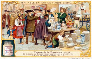 Posliinin tarina nro 4: Meissenin posliinia (Saksinmaa) esiteltiin ensimmäisen kerran Leipzigin pääsiäismessuilla vuonna 1710. Liebigin kromolitografia tekijältä French School
