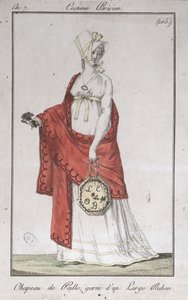 Olkihattu nauhalla, muotilautanen Costumes Parisiensilta, 1799 tekijältä French School