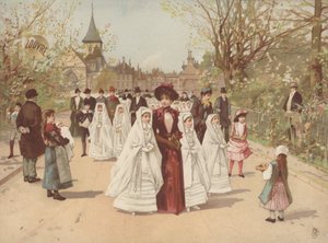 Katukuva tytöillä, joilla on konfirmation mekot tekijältä French School
