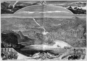 Suezin kanava: panoraamanäkymä Suezin kannaksella (Egypti) olevaan reikään, jonka rakentaminen aloitettiin vuonna 1859. Morinin kaiverrus teokseen "" The Illustrous World"" n°84, 20. marraskuuta tekijältä French School
