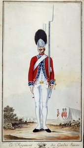 SwissGuard. Kilpi 16 ""Kohde Ludvig XVI:n johtaman ranskalaisten joukkojen sotilaspukuista"" Litografia vuodelta 1779. Mitat 0,23x0,16 m. Pariisi, armeijamuseo tekijältä French School
