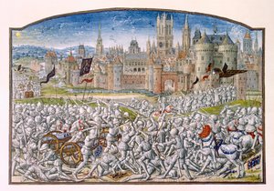 T.2 fol.287 Philipp van Artevelden johtamien Gentin asukkaiden voitto ennen Bruggetta vuonna 1381, Froissarts Chroniclesta, 1472 tekijältä French School