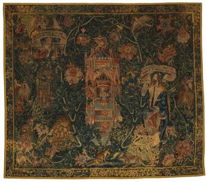 Tapestry, Jumala, Isä ilmestyy Moosekselle (yksi kuudesta Sibylistä, jotka sisältävät 46.134-46.139), nimeltään "Rothamsted Tapestries", valmistettu Flanderissa, Tourneissa tai Brysselissä, Belgiassa, noin 1530 (villa) tekijältä French School
