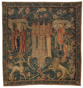 Tapestry, Sibylla Hellespontica ja Phrygia (yksi kuuden Sibylin sarjasta, joka koostuu 46.134-46.139), nimeltään "Rothamsted Tapestries", valmistettu Flanderissa, Tournaissa tai Brysselissä, Belgiassa, noin 1530 (villa) tekijältä French School
