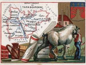 Tarn et Garonne (82), Keski-Pyreneet, Ranska. Paikallinen erikoisuus: öljy, tärkkelys, tylli, tukku Montauban-levy, viini- ja jauhomylly. Sarja Ranskan departementeista. Kromolitografia (Chromo) "" maantieteellinen lanka", cir tekijältä French School