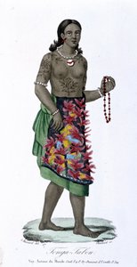Tatuoitu nainen Tonga-Tabousta - Albert-Montémontin "Bibliotheque Universelle des Voyages" -kirjassa, toim. Armand-Aubrée, osa 17 tekijältä French School