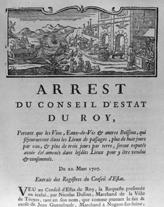Viinien ja väkevien alkoholijuomien kaupungin sisäänkäynnin verotoimisto, valtioneuvoston asetus 22. maaliskuuta 1707, Pariisin valtioneuvoston rekistereistä, 1739 (katso 163952 tekijältä French School