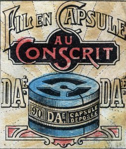 Tèxtil, lli. Càpsula per utilitzar fils de cosir Dae. Gravat. Imatge epinal de finals del segle XIX.finès tekijältä French School