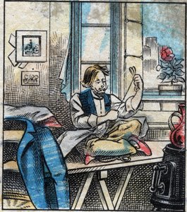 Tekstiiliä, pellavaa. Ompelulanka leikattu vyyhteiksi. Kaiverrus. Epinaalinen kuvantaminen 1800-luvun lopulla. tekijältä French School