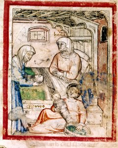 Thamar (Tamar) synnyttää kaksi kaksoset, Peretsin ja Zerahin, Juudan pojan. Miniatyyri koodista 212 (tai padovano-koodeksi tai Padovan Raamattu) 1390-1400 tekijältä French School