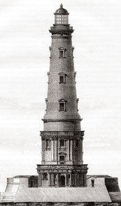 1600-luvun Cordouanin majakka lähellä Gironden suistoa Ranskassa, nähty täällä 1700-luvun laajennuksen jälkeen, Les Merveilles de la Sciencesta, julkaistu n. 1870 (kaiverrus) tekijältä French School