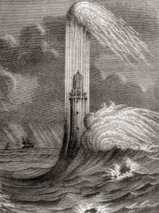 John Rudyardin rakentama 1700-luvun Eddystonen majakka, Eddystone Rocksissa lähellä Rame Headia, Englannissa, Les Merveilles de la Science -julkaisusta, julkaistu n. 1870 (kaiverrus) tekijältä French School