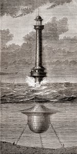 1800-luvun kelluva majakka, joka on sijoitettu Englannin Liverpoolin sataman sisäänkäynnille, julkaisusta "Les Merveilles de la Science", julkaistu noin 1870 (kaiverrus) tekijältä French School