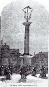 Ensimmäinen kaasulamppu Pariisissa Place du Carrouselissa vuonna 1818 tekijältä French School
