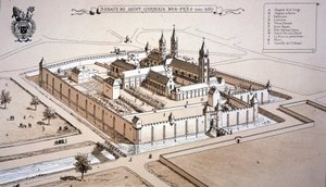 Saint-Germain-des-Présin luostari n. 1520 (värinen kaiverrus) tekijältä French School