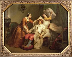 Näyttelijä Bonneval Arganin roolissa Molieresin näytelmässä Le Malade Imaginaire tekijältä French School