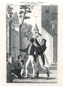 Näyttelijä Clozel eleganttina, Louis Benoit Picardin (1769-1828) komediasta Les Deux Philibert, n. 1818 (kaiverrus) (mustavalkoinen kuva) tekijältä French School