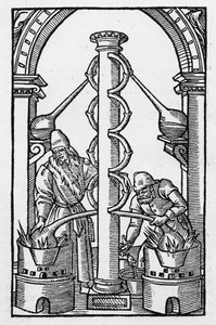 Alkemisti työssä, kopio Philippus Ulstadiuksen Coelum Philosophorum -kuvasta, Pariisi 1544, käytetty "Magian historiassa", julkaistu 1800-luvun lopulla. tekijältä French School
