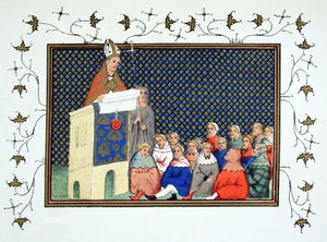 Canterburyn arkkipiispa saarnaa englantilaiselle aatelistolle Richard II:ta vastaan, faksikopio Jean Cretonin Le Prinse et Mort du Roy Richartista, uusintapainos 1800-luvulla tekijältä French School