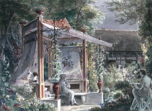 Arkkitehti Jacques Ignace Hittorff (1792-1867) puutarhassaan Pariisissa (guassi paperilla) tekijältä French School
