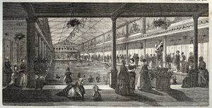 Hotel Lambertin kylpylät, Ile Saint-Louis, Pariisi, 1800-luvun puoliväli - Hotel Lambert, Ile Saint-Louis, naisten uimakoulu - Bain Lambert - - Edmond Texierin kaiverrus Tableau-de-Parisissa 1852 tekijältä French School