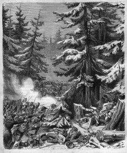Hohenlindenin taistelu (lähellä Müncheniä, Saksa) 12. Frimaire, IX (3. joulukuuta 1800) kenraali Jean Victor (Jean-Victor) Moreaun ranskalaisten joukkojen ja arkkiherttua Jean-Baptisten (Jean-Baptiste) komentamien Itävallan ja Baijerin joukkojen välillä )  tekijältä French School