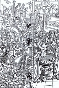 Tolbiacin taistelu ja kuningas Kloviksen kaste, vuodelta 1516 peräisin oleva "Mirouer Historial de France". tekijältä French School
