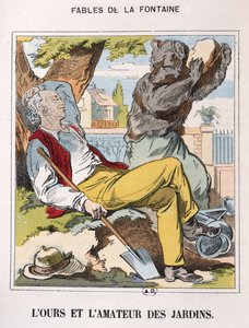 Karhu ja puutarhuri, "Fables de La Fontainen" (värikaiverrus) tekijältä French School