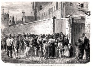 Rue de la Santen kapusiinit jakavat päivittäistä keittoa köyhille, Le Monde Illustre, 1860 tekijältä French School